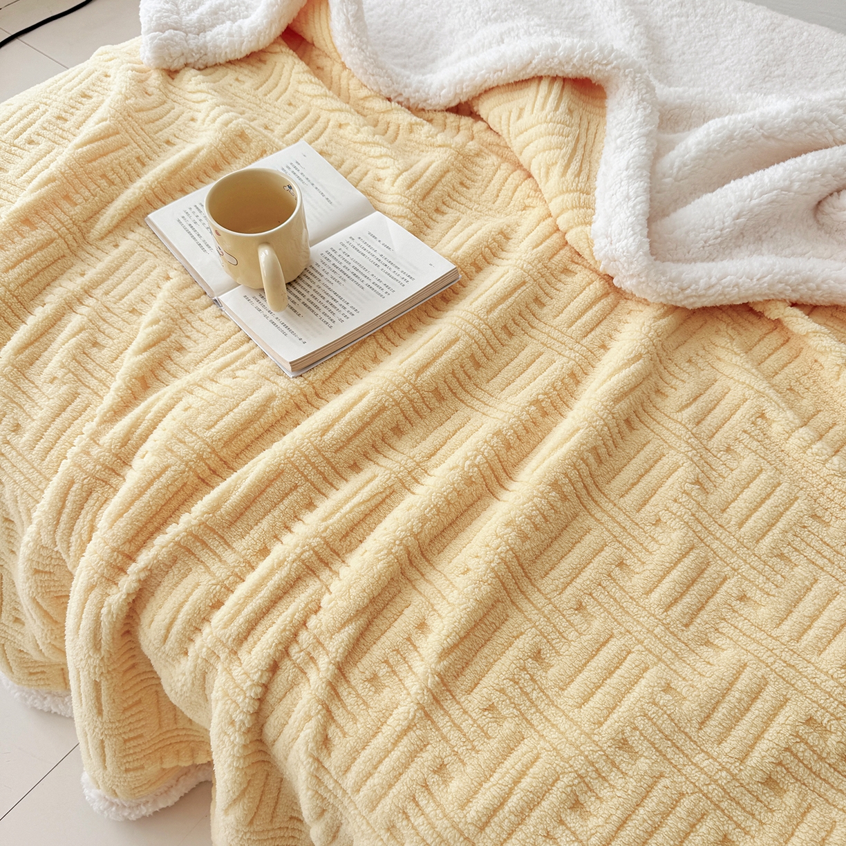 91家纺网 家纺一手货源 找家纺 牛魔王家居 2025新款华夫格提花双面绒毛毯羊羔绒毯子外贸跨境专供 绒毯系列-米黄