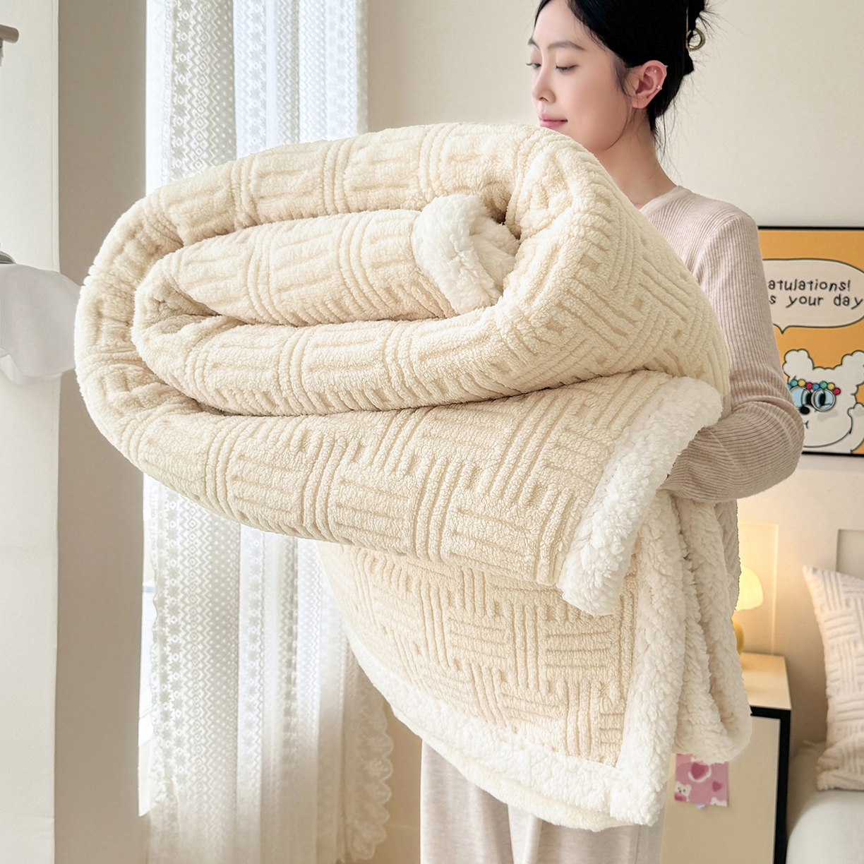 91家纺网 家纺一手货源 找家纺 牛魔王家居 2025新款华夫格提花双面绒毛毯羊羔绒毯子外贸跨境专供 绒毯系列-奶白