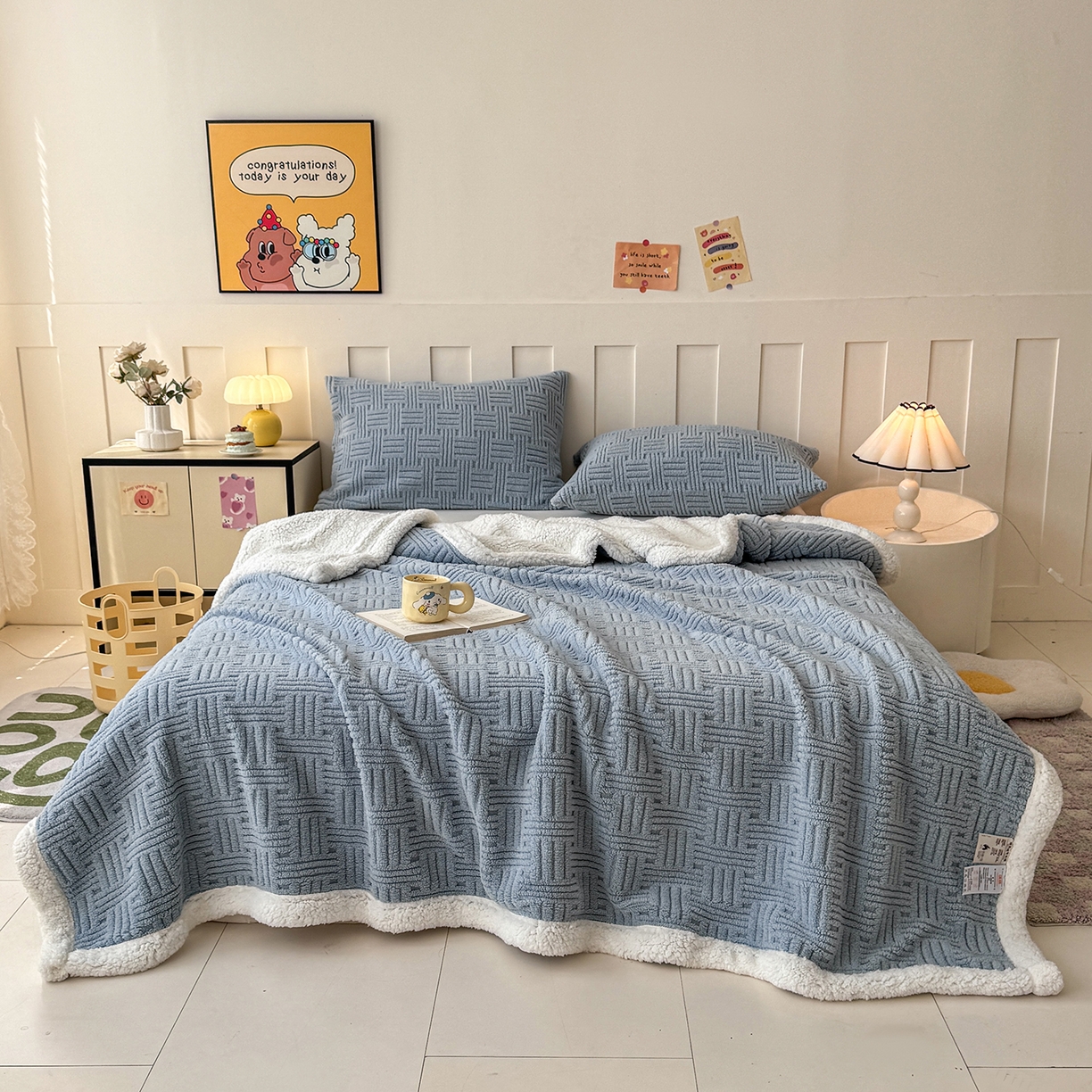 91家纺网 家纺一手货源 找家纺 牛魔王家居 2025新款华夫格提花双面绒毛毯羊羔绒毯子外贸跨境专供 绒毯系列-雾霾灰