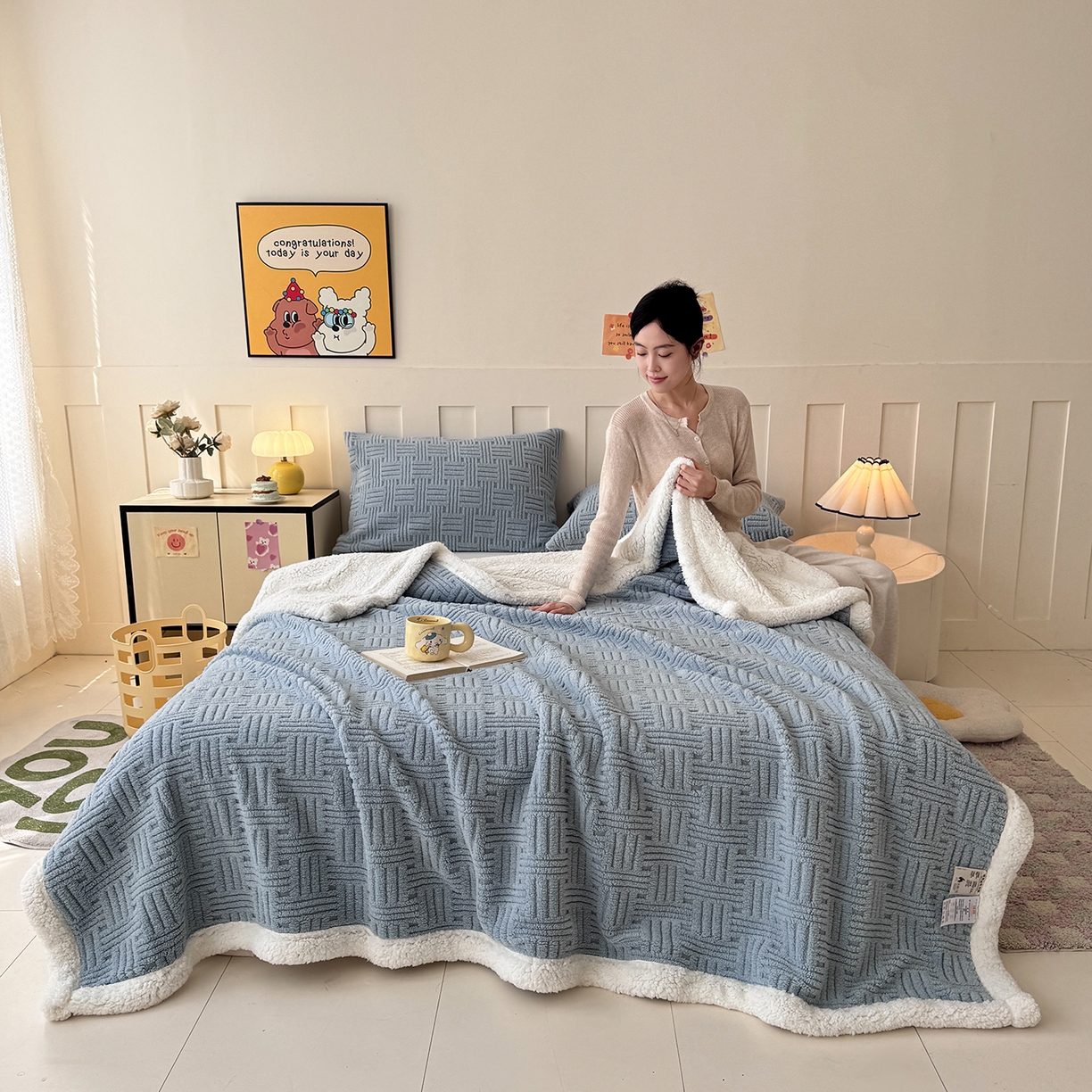91家纺网 家纺一手货源 找家纺 牛魔王家居 2025新款华夫格提花双面绒毛毯羊羔绒毯子外贸跨境专供 绒毯系列-雾霾灰
