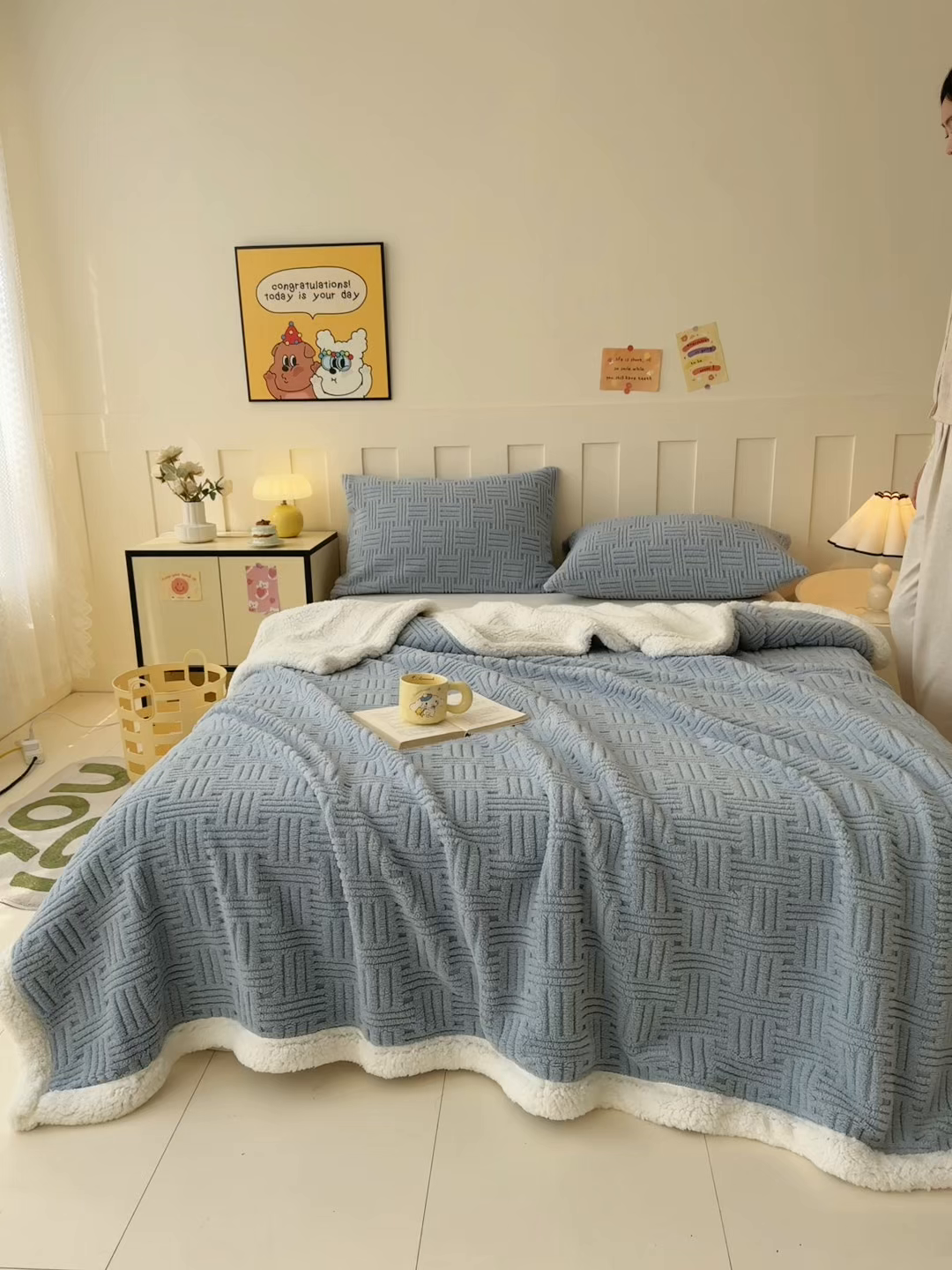 91家纺网 家纺一手货源 找家纺 牛魔王家居 2025新款华夫格提花双面绒毛毯羊羔绒毯子外贸跨境专供 绒毯系列-雾霾灰