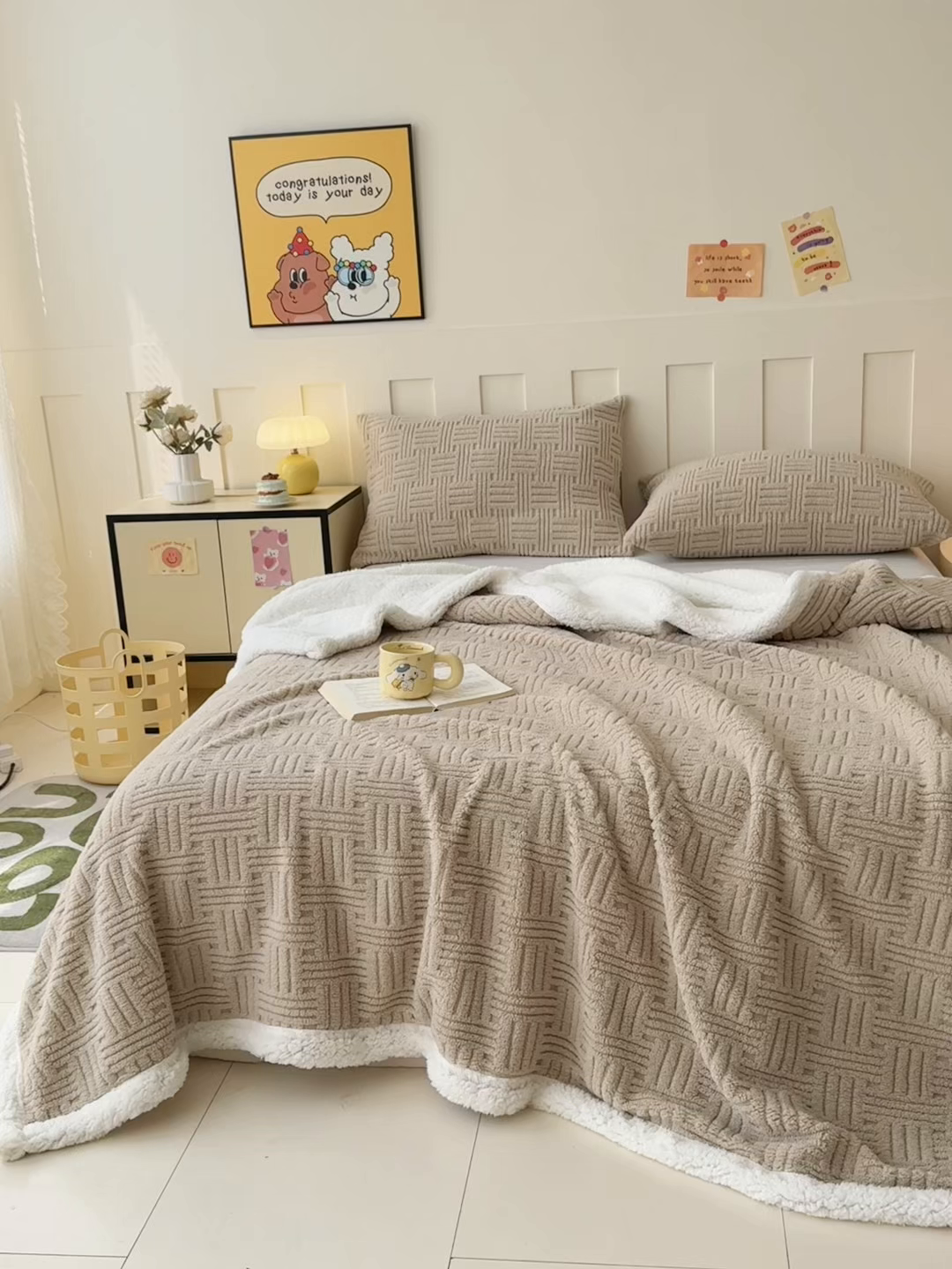 91家纺网 家纺一手货源 找家纺 牛魔王家居 2025新款华夫格提花双面绒毛毯羊羔绒毯子外贸跨境专供 绒毯系列-卡其色