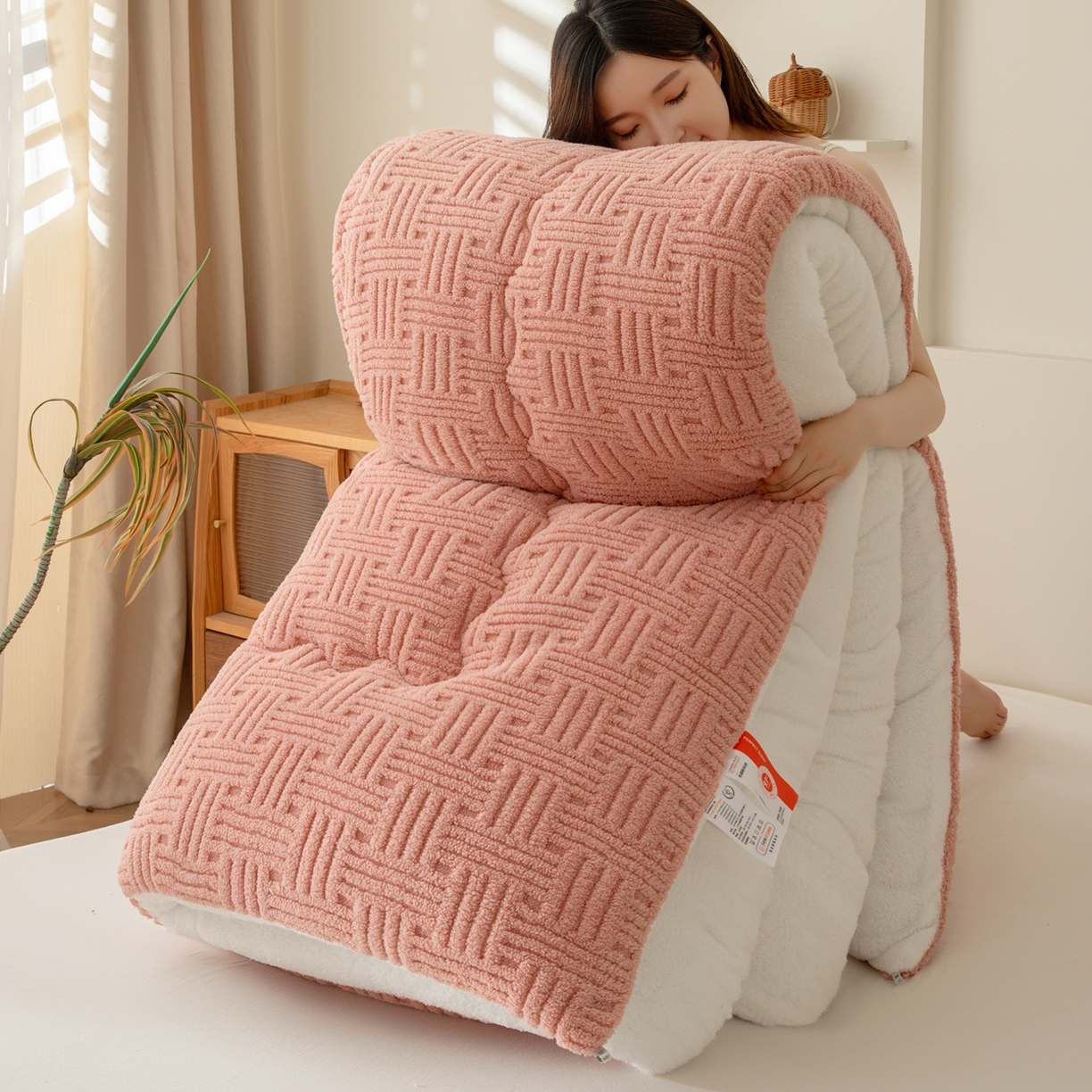 牛魔王家居 2025新款加厚保暖羊羔绒冬被被子舒棉绒提花塔芙绒外贸跨境专供 暖冬系列-豆沙红