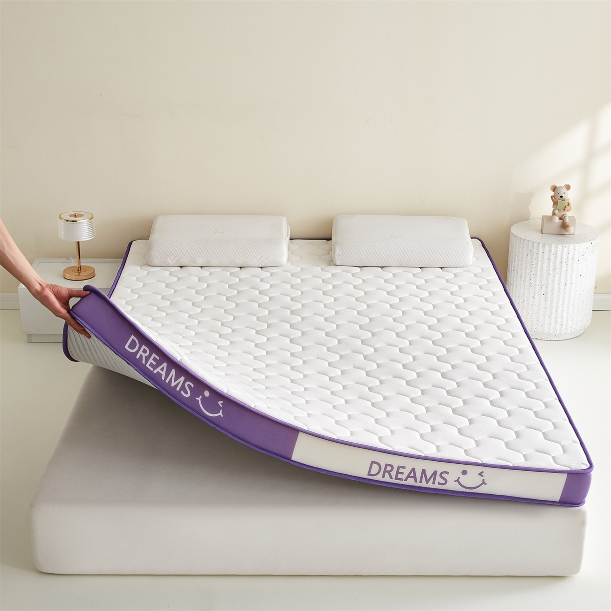 布卢姆床垫 2025新款A类针织乳胶立体记忆海绵床垫成人款-微笑 微笑-白紫