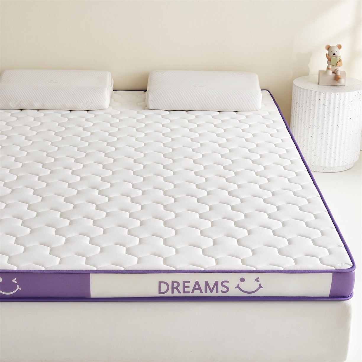 91家纺网 家纺一手货源 找家纺 布卢姆床垫 2025新款A类针织乳胶立体记忆海绵床垫成人款-微笑 微笑-白紫