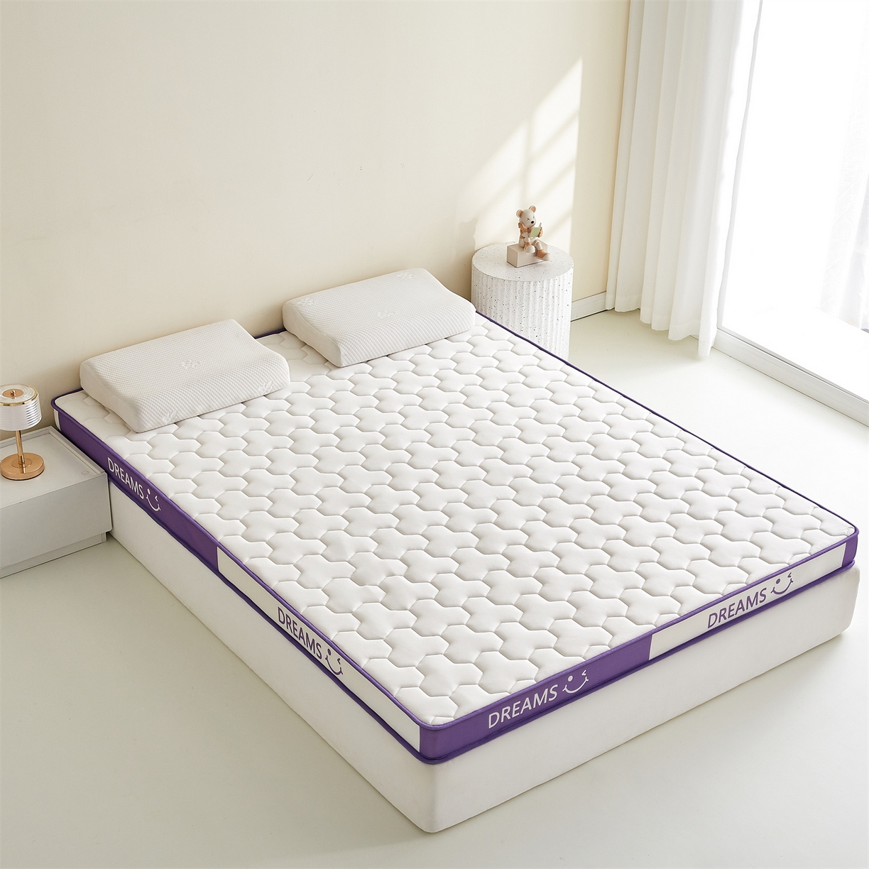 91家纺网 家纺一手货源 找家纺 布卢姆床垫 2025新款A类针织乳胶立体记忆海绵床垫成人款-微笑 微笑-白紫