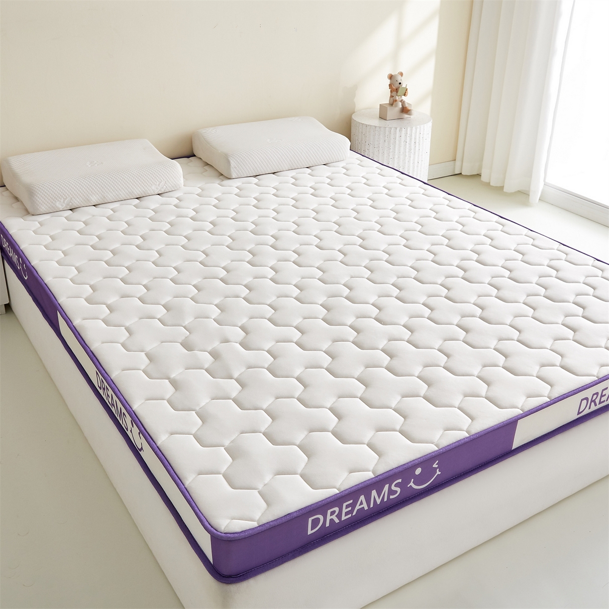 91家纺网 家纺一手货源 找家纺 布卢姆床垫 2025新款A类针织乳胶立体记忆海绵床垫成人款-微笑 微笑-白紫