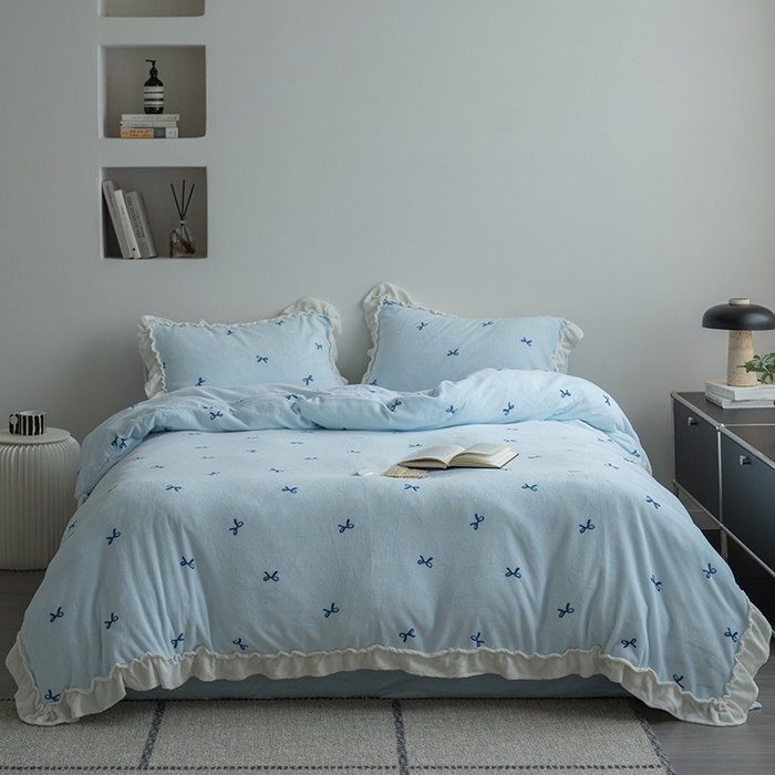 尺素 2025年蝴蝶结花边牛奶绒四件套ins风公主花边被套冬季保暖床单双人1.8床笠 牛奶绒蝴蝶结（蓝）