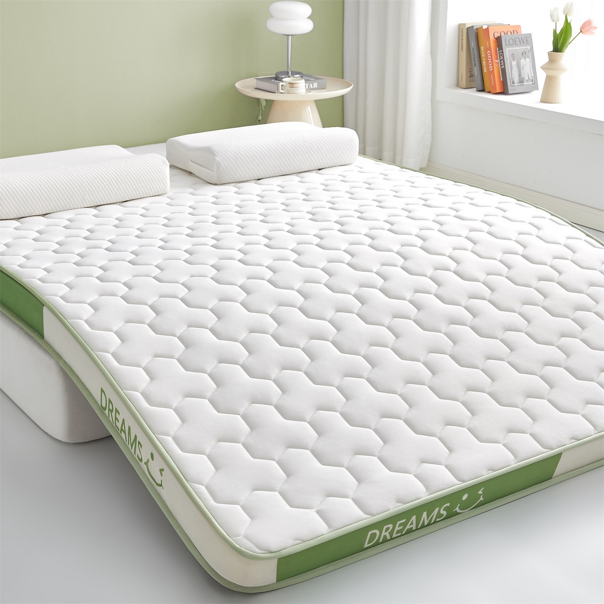 91家纺网 家纺一手货源 找家纺 布卢姆床垫 2025新款A类针织乳胶立体记忆海绵床垫成人款-微笑 微笑-白绿