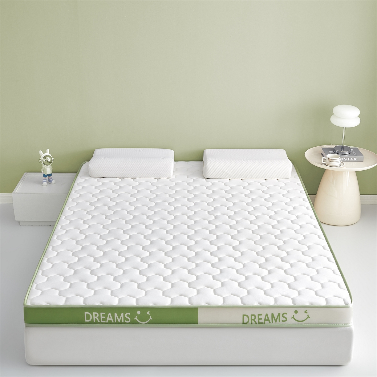 91家纺网 家纺一手货源 找家纺 布卢姆床垫 2025新款A类针织乳胶立体记忆海绵床垫成人款-微笑 微笑-白绿