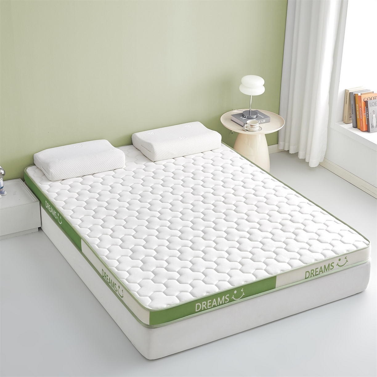 91家纺网 家纺一手货源 找家纺 布卢姆床垫 2025新款A类针织乳胶立体记忆海绵床垫成人款-微笑 微笑-白绿