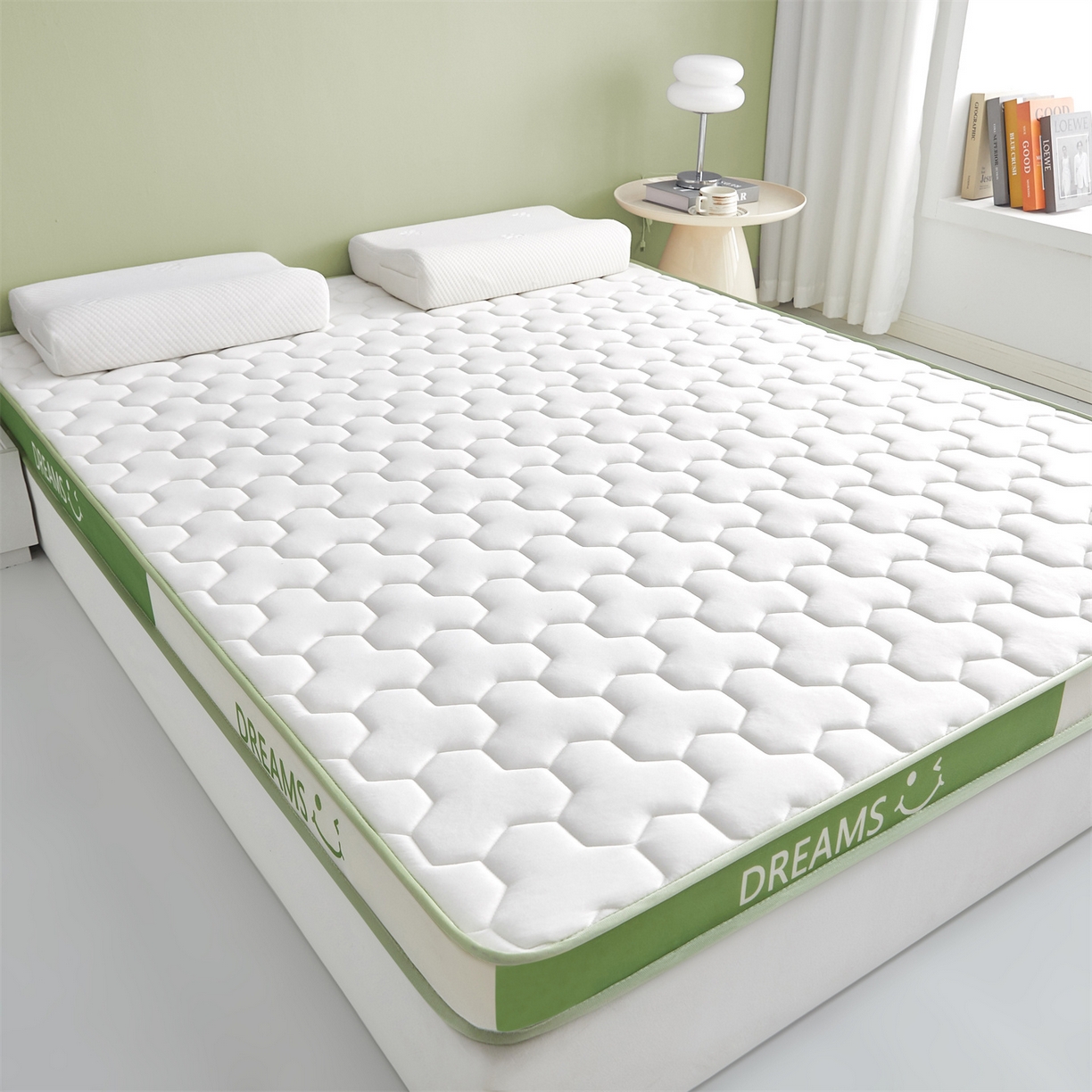 91家纺网 家纺一手货源 找家纺 布卢姆床垫 2025新款A类针织乳胶立体记忆海绵床垫成人款-微笑 微笑-白绿