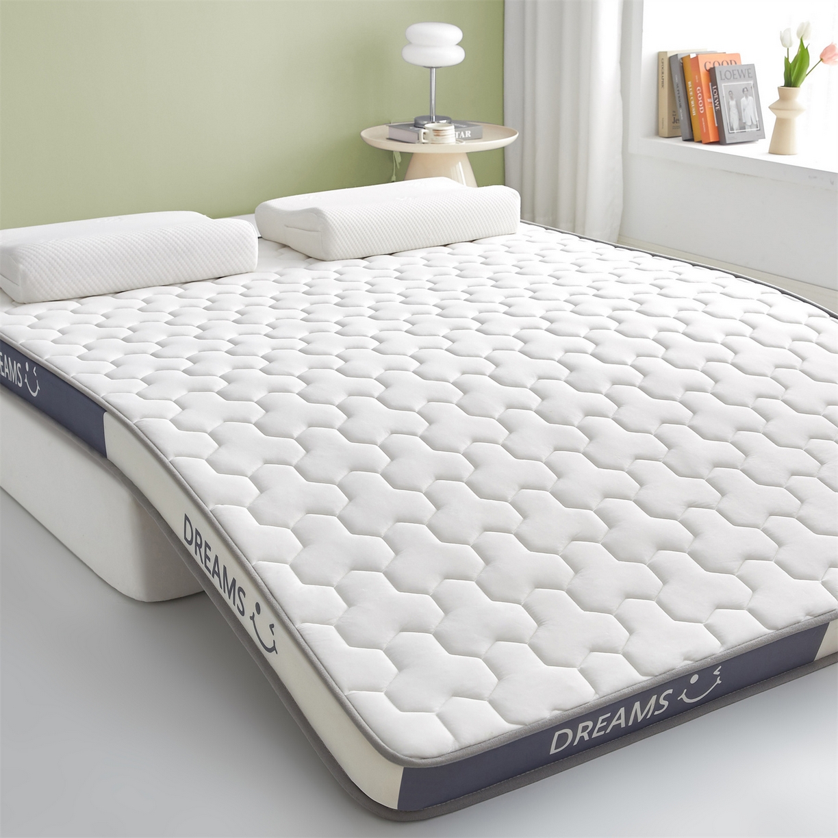 91家纺网 家纺一手货源 找家纺 布卢姆床垫 2025新款A类针织乳胶立体记忆海绵床垫成人款-微笑 微笑-白灰