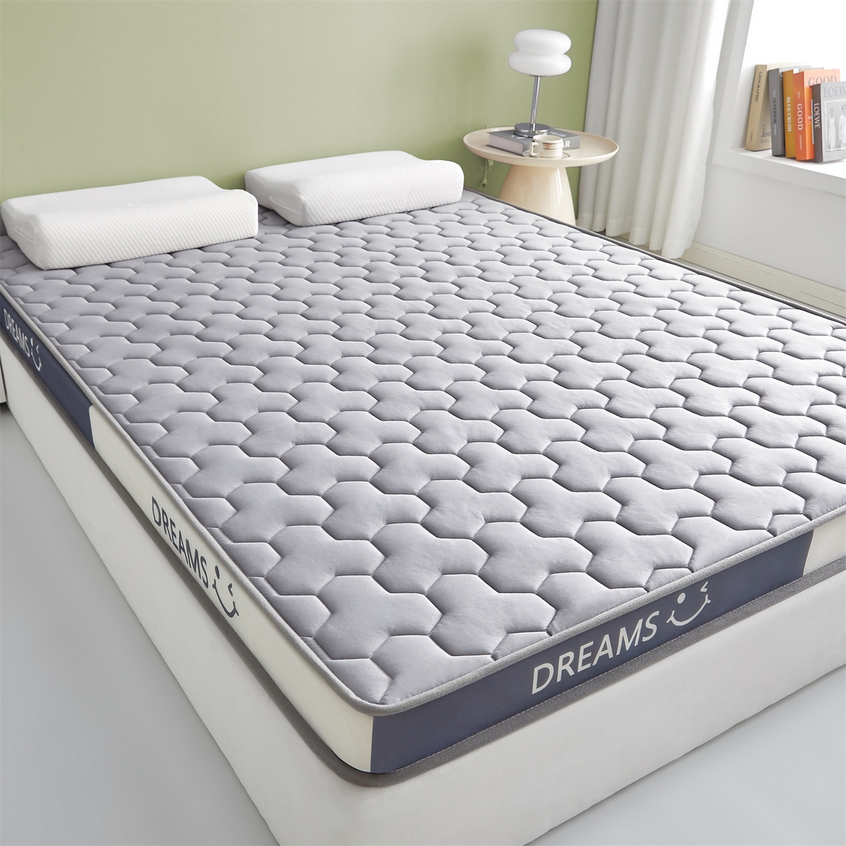 91家纺网 家纺一手货源 找家纺 布卢姆床垫 2025新款A类针织乳胶立体记忆海绵床垫成人款-微笑 微笑-灰