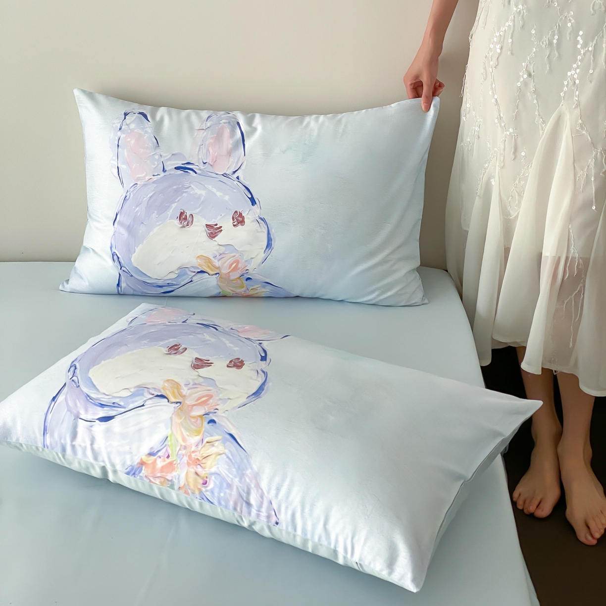 91家纺网 家纺一手货源 找家纺 云栖家居 2025新款50支数码印花单枕套48-74cm一只一对装 蓝色梦奇