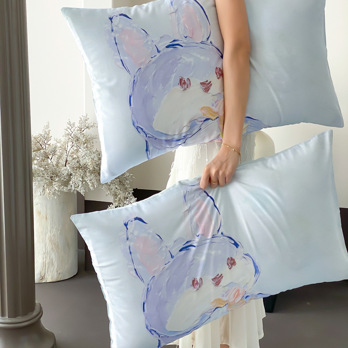 91家纺网 家纺一手货源 找家纺 云栖家居 2025新款50支数码印花单枕套48-74cm一只一对装 蓝色梦奇