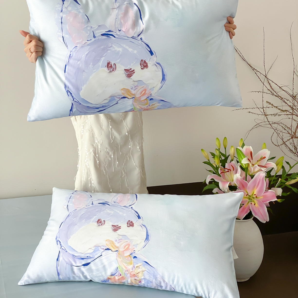 91家纺网 家纺一手货源 找家纺 云栖家居 2025新款50支数码印花单枕套48-74cm一只一对装 蓝色梦奇