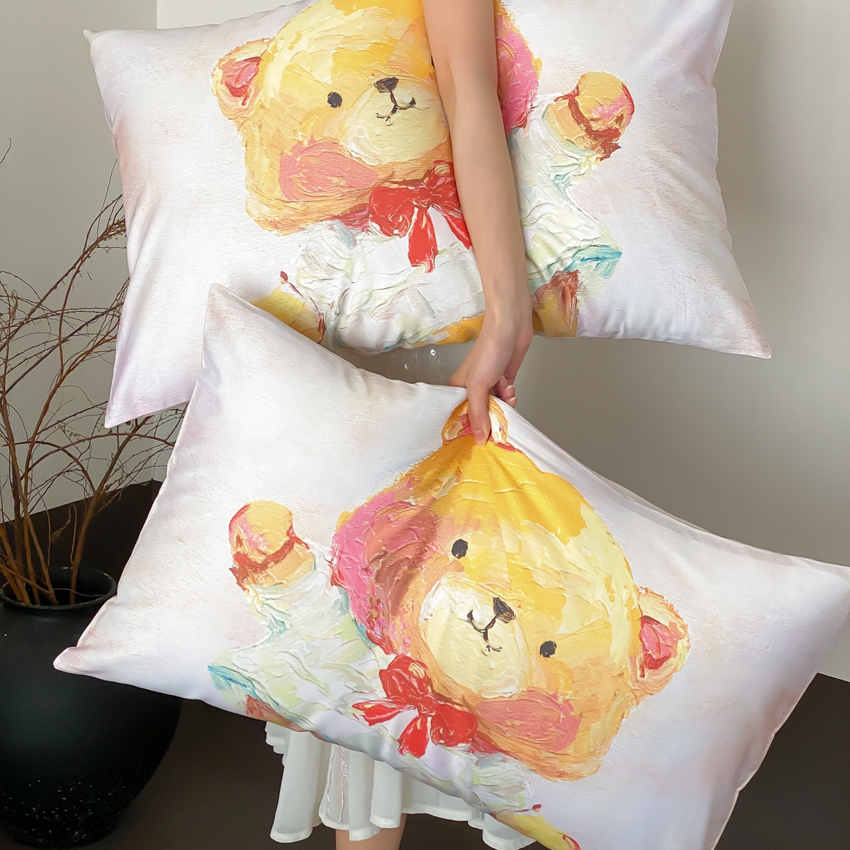 91家纺网 家纺一手货源 找家纺 云栖家居 2025新款50支数码印花单枕套48-74cm一只一对装 黄油小熊