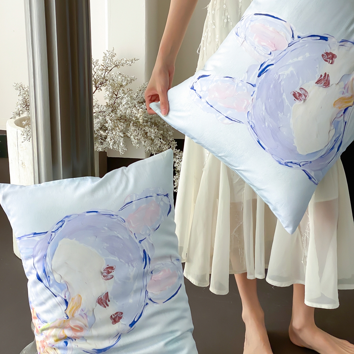 91家纺网 家纺一手货源 找家纺 云栖家居 2025新款50支数码印花单枕套48-74cm一只一对装 蓝色梦奇