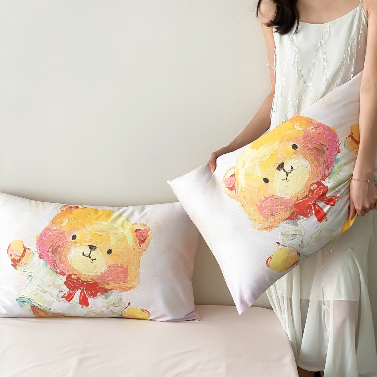 91家纺网 家纺一手货源 找家纺 云栖家居 2025新款50支数码印花单枕套48-74cm一只一对装 黄油小熊