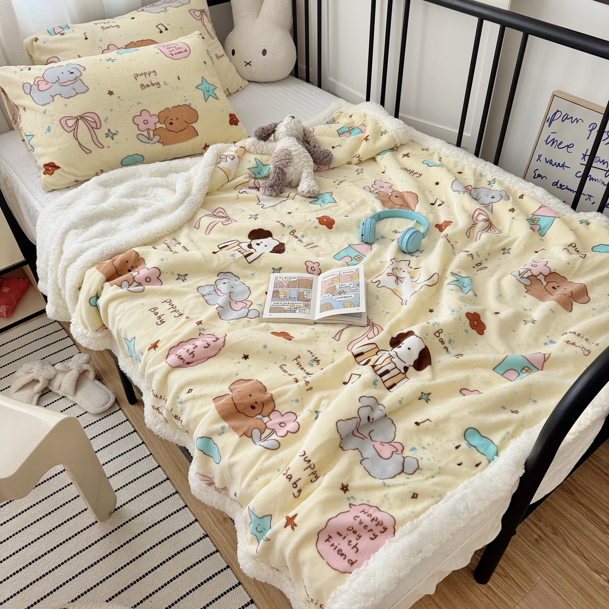 91家纺网 家纺一手货源 找家纺 寐居家纺 2025新款牛奶绒卡通毛毯系列 可爱狗