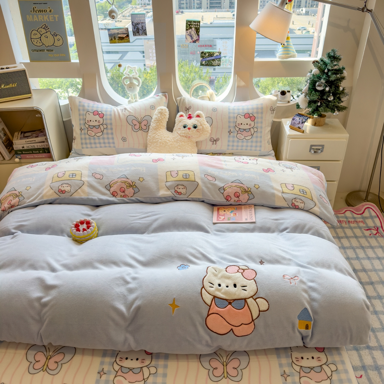 91家纺网 家纺一手货源 找家纺 摩妮卡 2025新款卡通牛奶绒刺绣四件套系列 猫咪甜心店