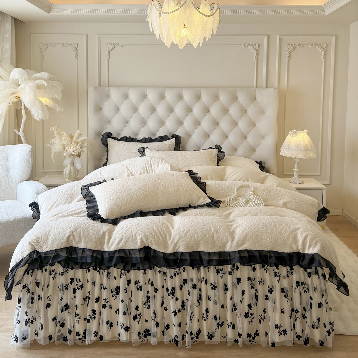 91家纺网 家纺一手货源 找家纺 恋尚 2025新款牛奶绒可妮露系列床裙四件套（控价285起） 可妮露-奶油白