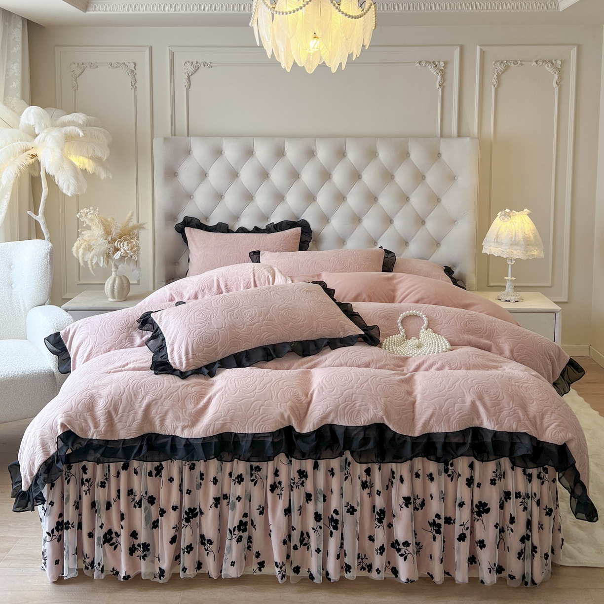 91家纺网 家纺一手货源 找家纺 恋尚 2025新款牛奶绒可妮露系列床裙四件套（控价285起） 可妮露-蜜桃粉