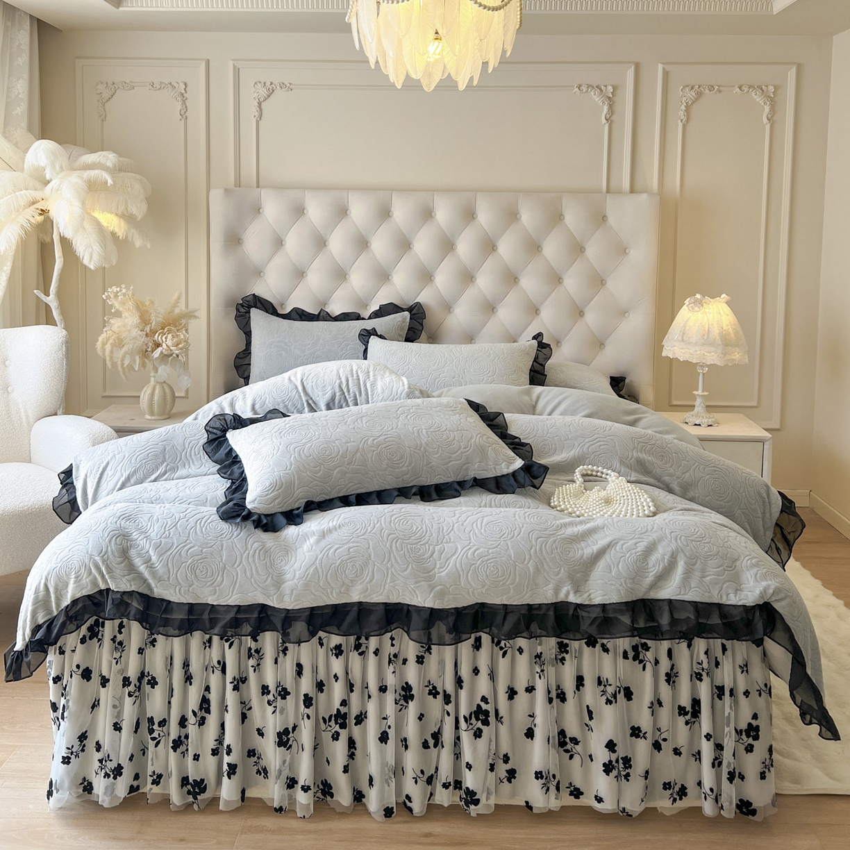 91家纺网 家纺一手货源 找家纺 恋尚 2025新款牛奶绒可妮露系列床裙四件套（控价285起） 可妮露-椰蓉灰