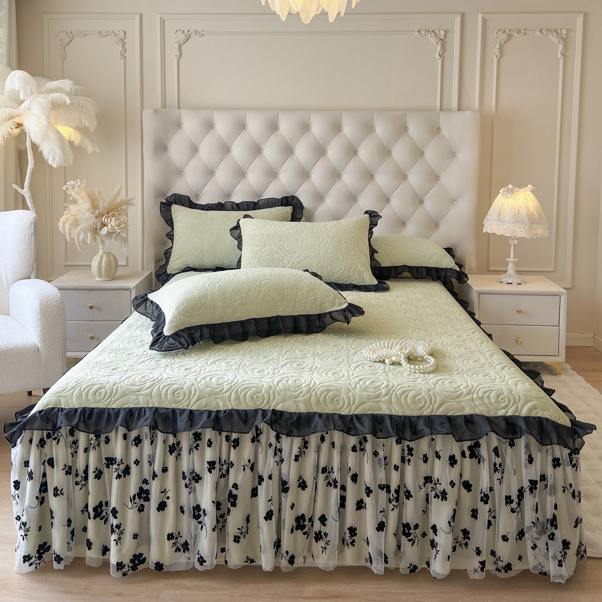 91家纺网 家纺一手货源 找家纺 恋尚 2025新款牛奶绒可妮露系列床裙四件套（控价285起） 可妮露-香草绿