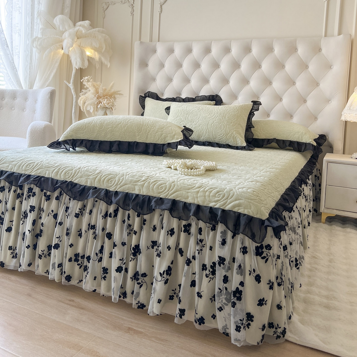 91家纺网 家纺一手货源 找家纺 恋尚 2025新款牛奶绒可妮露系列床裙四件套（控价285起） 可妮露-香草绿