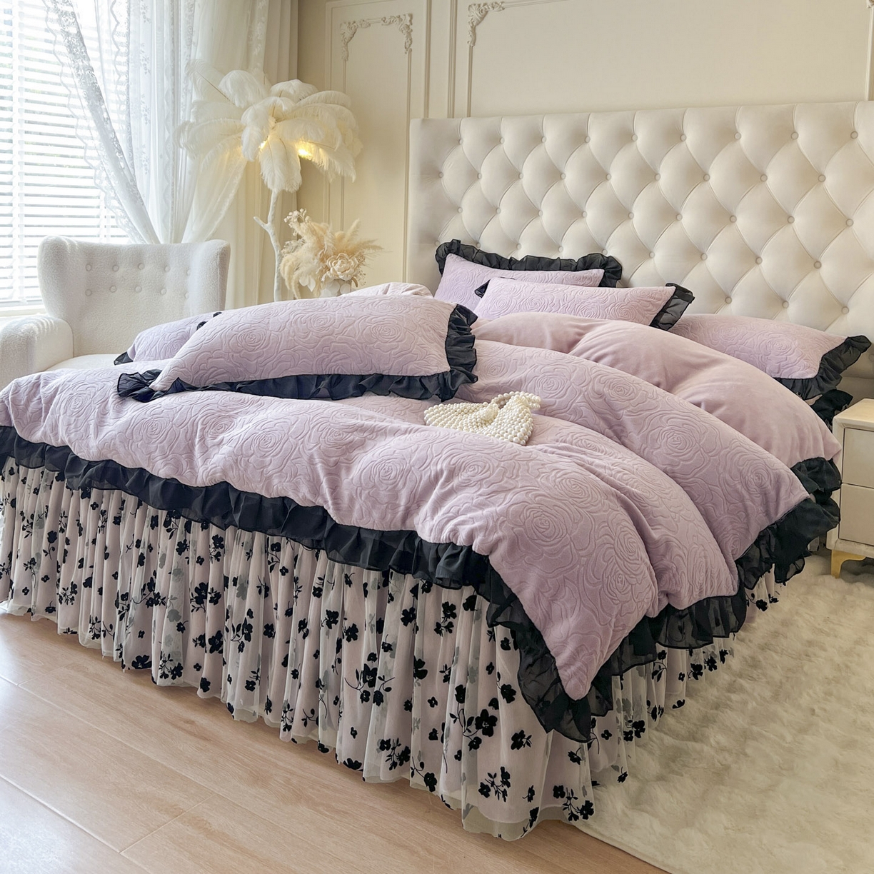 91家纺网 家纺一手货源 找家纺 恋尚 2025新款牛奶绒可妮露系列床裙四件套（控价285起） 可妮露-香芋紫