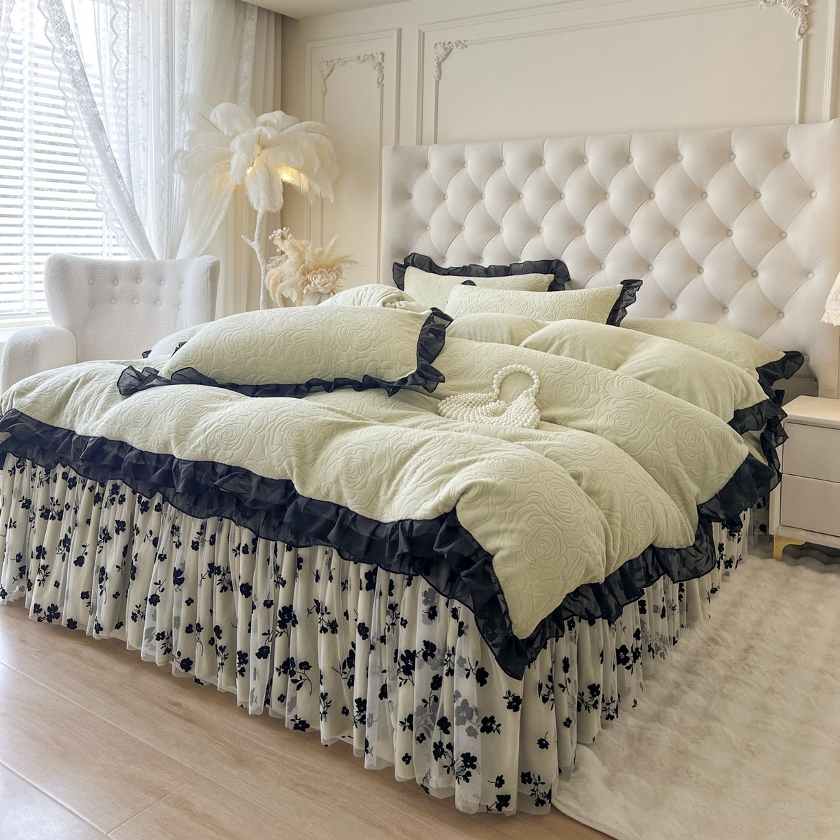 91家纺网 家纺一手货源 找家纺 恋尚 2025新款牛奶绒可妮露系列床裙四件套（控价285起） 可妮露-香草绿