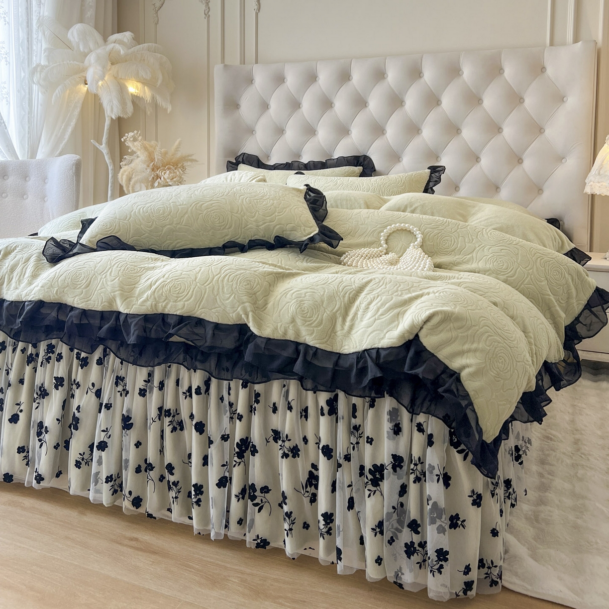 91家纺网 家纺一手货源 找家纺 恋尚 2025新款牛奶绒可妮露系列床裙四件套（控价285起） 可妮露-香草绿