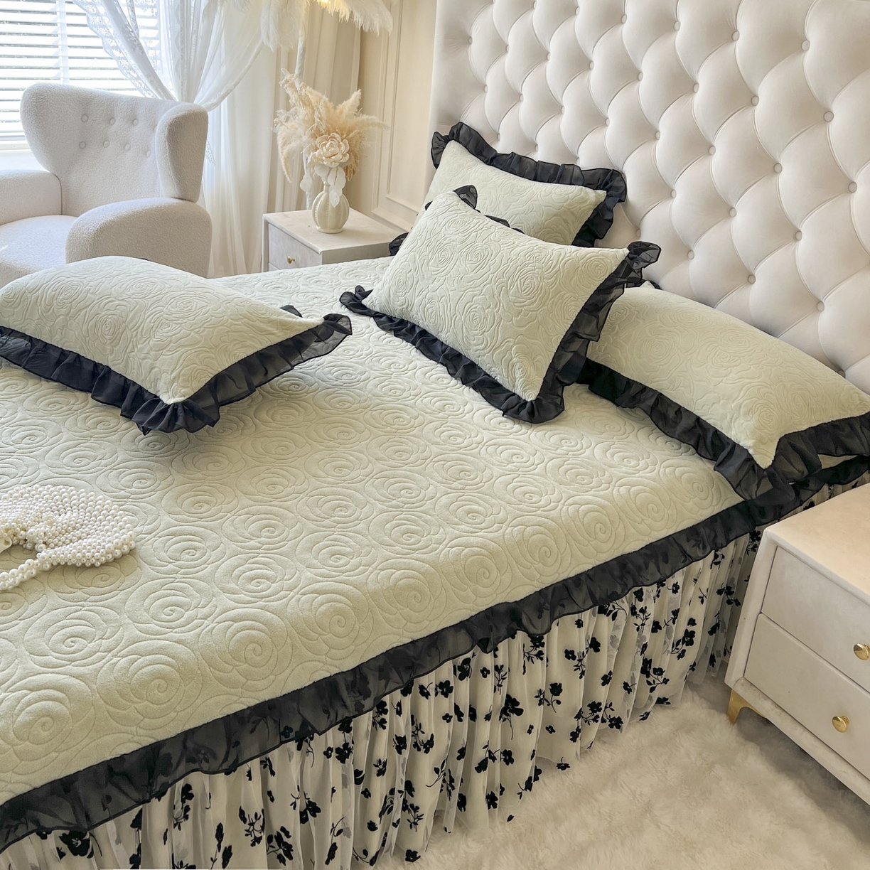 91家纺网 家纺一手货源 找家纺 恋尚 2025新款牛奶绒可妮露系列床裙四件套（控价285起） 可妮露-香草绿