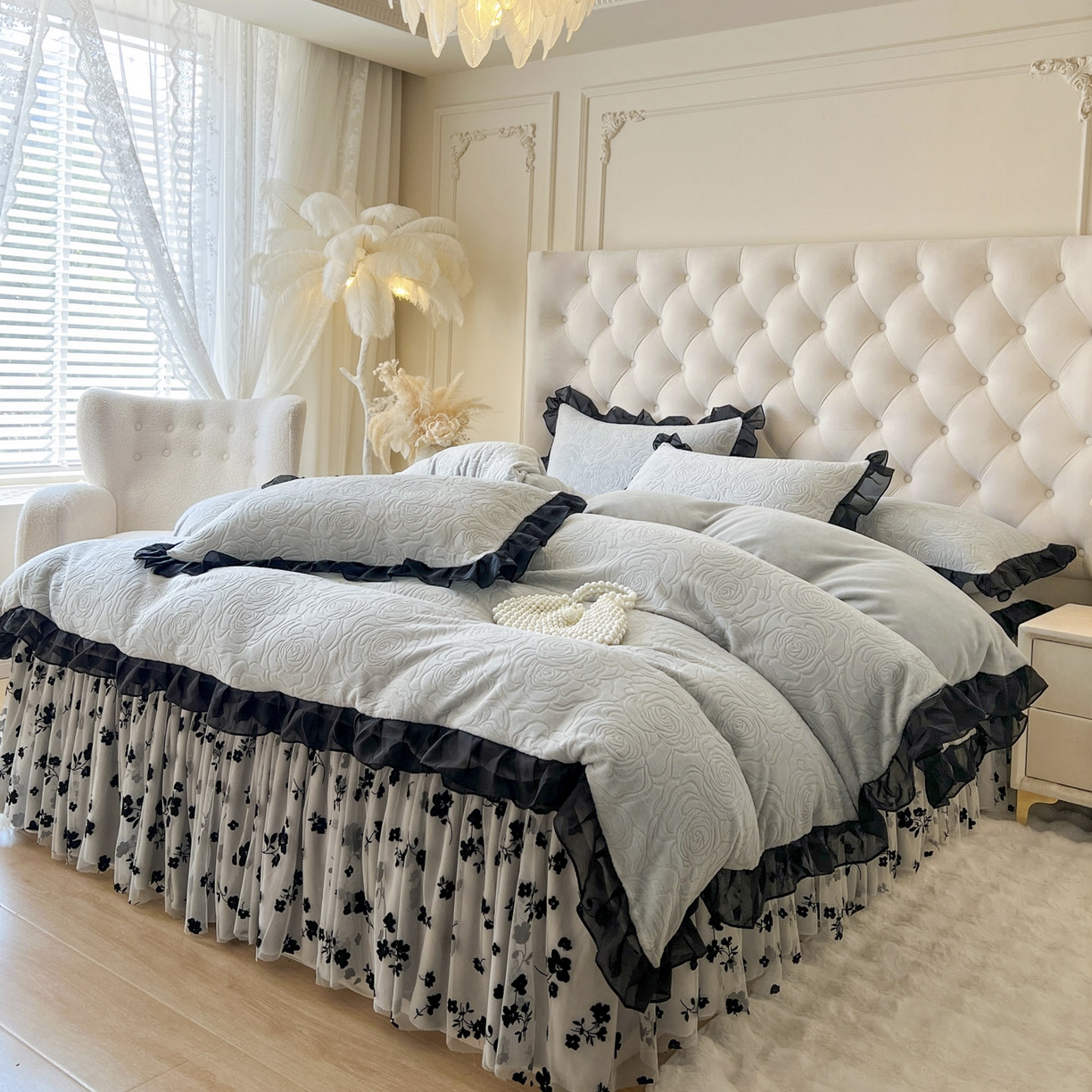 91家纺网 家纺一手货源 找家纺 恋尚 2025新款牛奶绒可妮露系列床裙四件套（控价285起） 可妮露-椰蓉灰