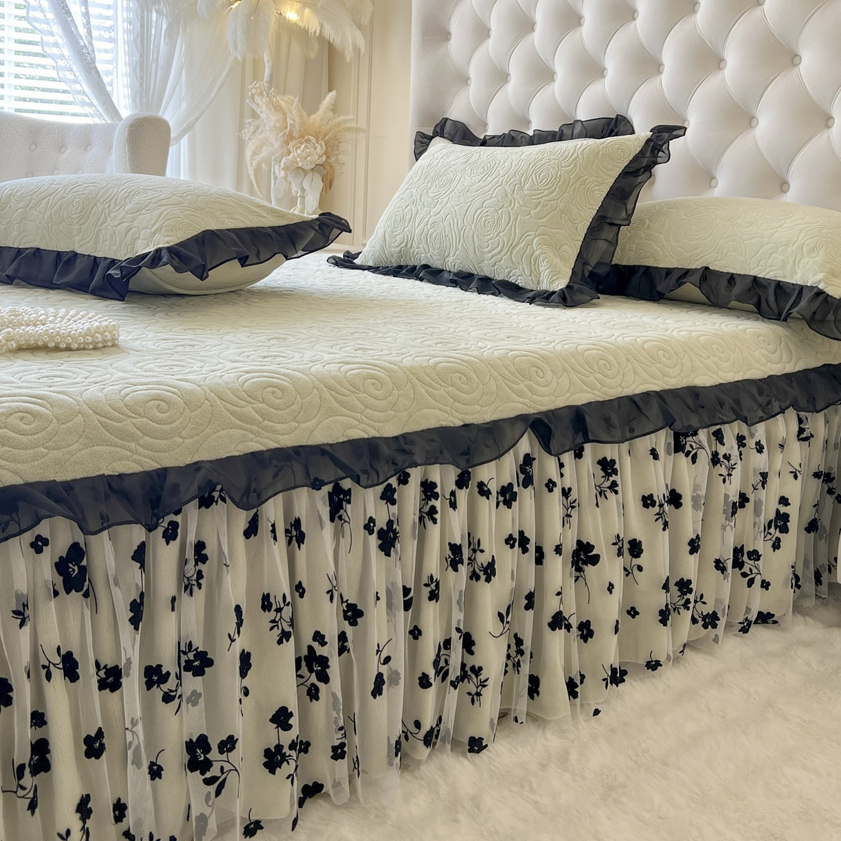 91家纺网 家纺一手货源 找家纺 恋尚 2025新款牛奶绒可妮露系列床裙四件套（控价285起） 可妮露-香草绿