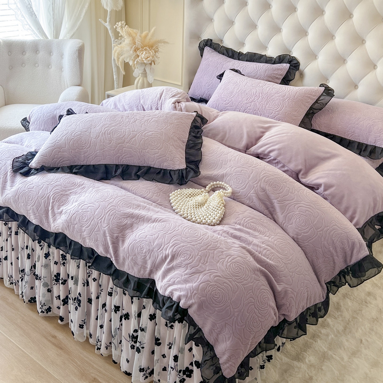 91家纺网 家纺一手货源 找家纺 恋尚 2025新款牛奶绒可妮露系列床裙四件套（控价285起） 可妮露-香芋紫