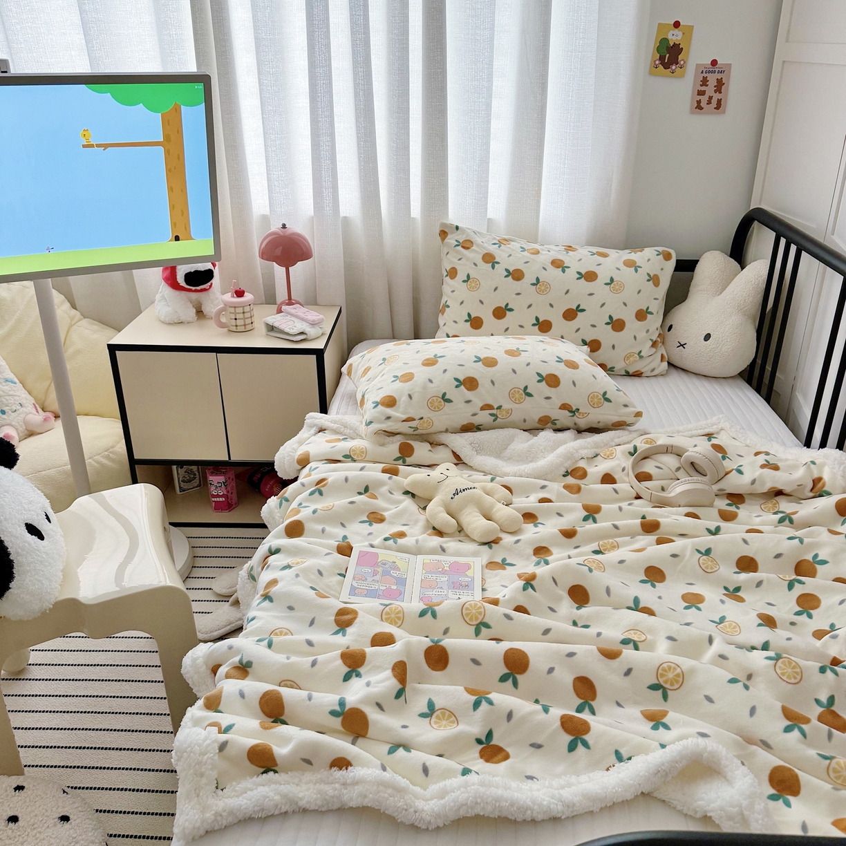 寐居家纺 2025新款牛奶绒卡通毛毯系列 小橘子
