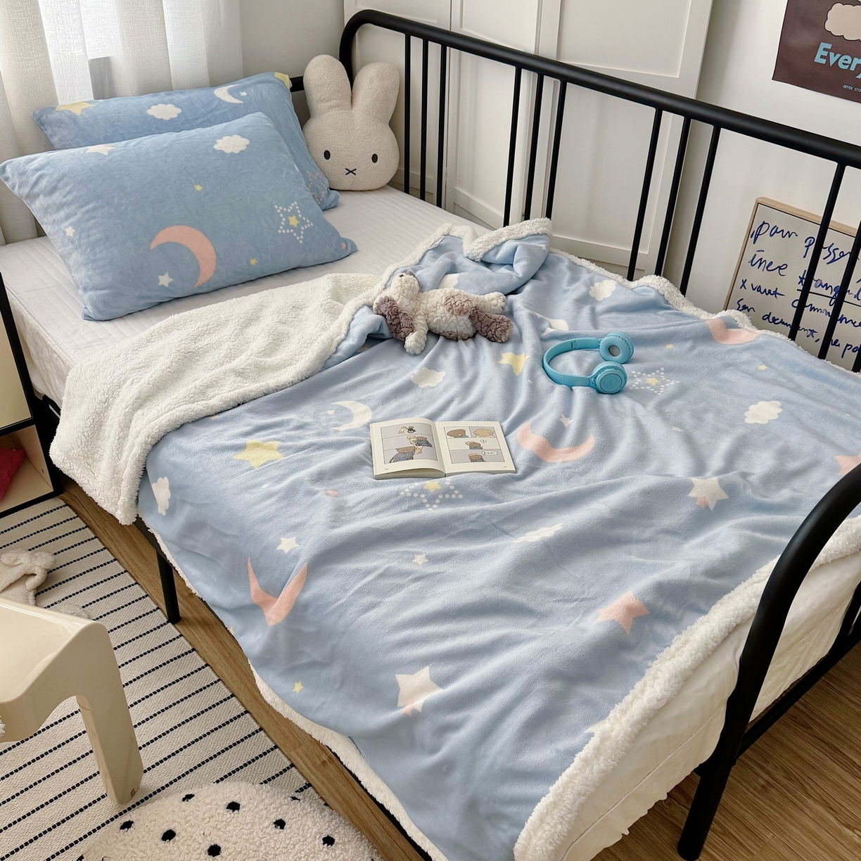 91家纺网 家纺一手货源 找家纺 寐居家纺 2025新款牛奶绒卡通毛毯系列 星月蓝