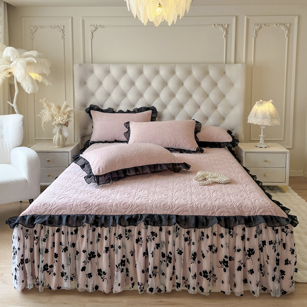 91家纺网 家纺一手货源 找家纺 恋尚 2025新款牛奶绒可妮露系列单品床裙三件套（控价150起） 可妮露-蜜桃粉