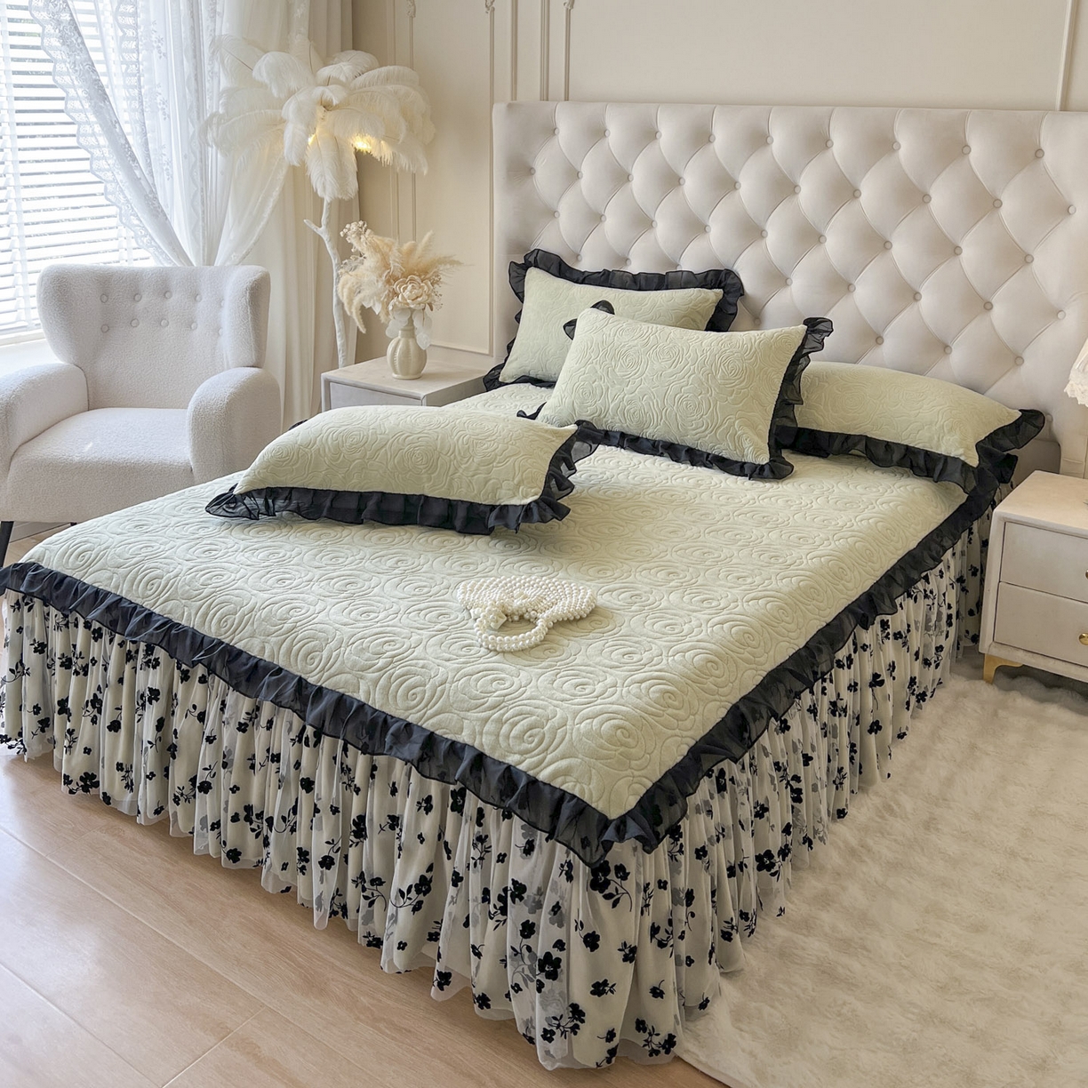 91家纺网 家纺一手货源 找家纺 恋尚 2025新款牛奶绒可妮露系列单品床裙三件套（控价150起） 可妮露-香草绿