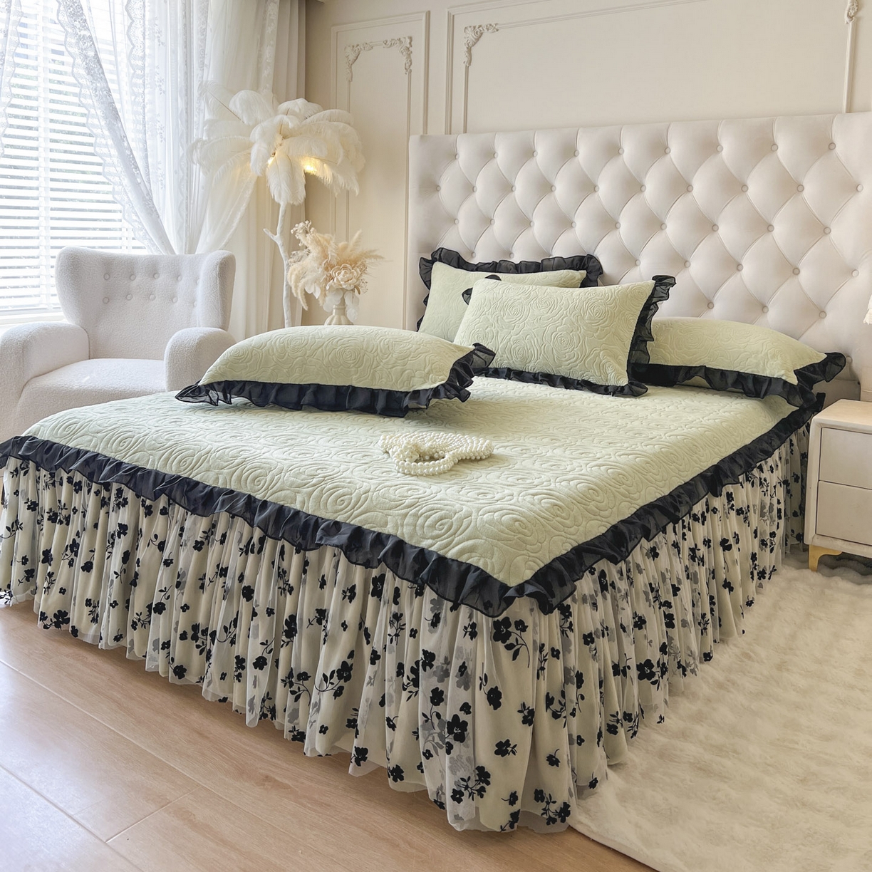 91家纺网 家纺一手货源 找家纺 恋尚 2025新款牛奶绒可妮露系列单品床裙三件套（控价150起） 可妮露-香草绿