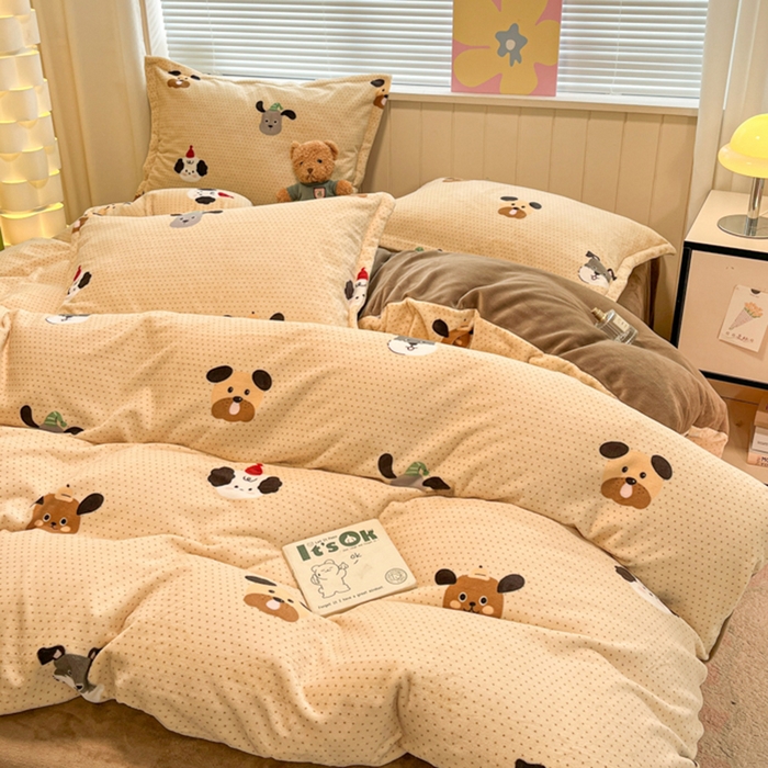 91家纺网 家纺一手货源 找家纺 慕尚家纺 2025新款田园花卉类印花牛奶绒高克重单被套 开心狗