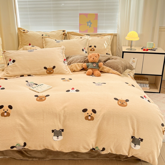 91家纺网 家纺一手货源 找家纺 慕尚家纺 2025新款田园花卉类印花牛奶绒高克重单被套 开心狗