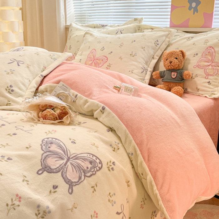 慕尚家纺 2025新款田园花卉类印花牛奶绒高克重单被套 蝴蝶花