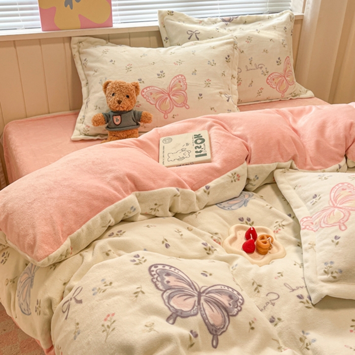 91家纺网 家纺一手货源 找家纺 慕尚家纺 2025新款田园花卉类印花牛奶绒高克重单被套 蝴蝶花