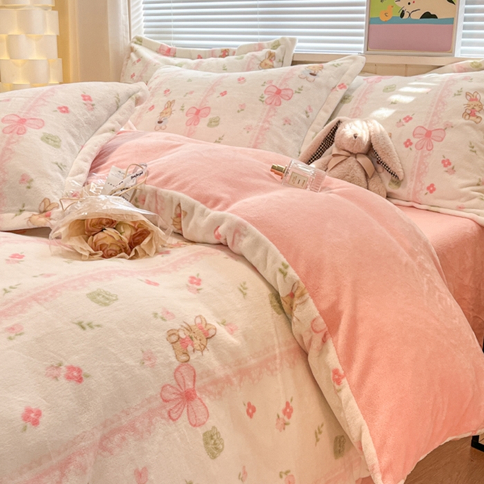 慕尚家纺 2025新款田园花卉类印花牛奶绒高克重单被套 蝴蝶小兔