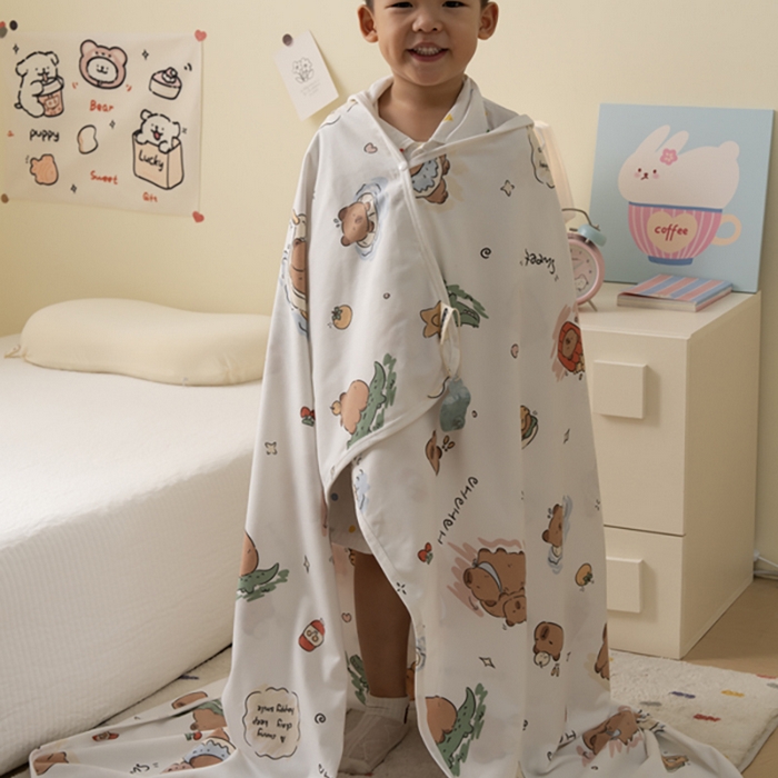 91家纺网 家纺一手货源 找家纺 寐居家纺 2025新款企鹅绒多功能儿童毛巾毯（可当披肩用） 企鹅绒毯-萌萌卡皮