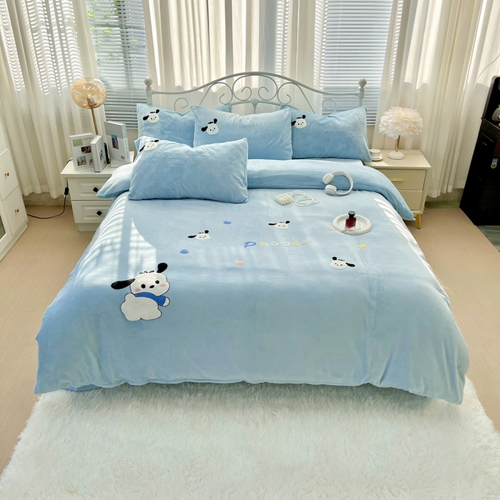 鑫利来家纺 2025新款牛奶绒毛巾绣四件套 小奶狗-蓝